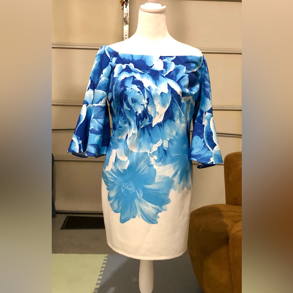 Donna Ricco Blue and White Floral Off-Shoulder Midi Dress